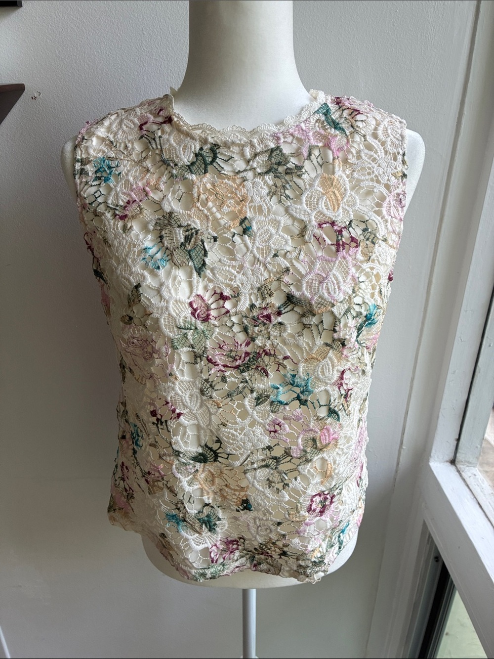 Nanette Lepore Cream Lace Camisole with Pink, Green and Blue Floral Embroidery